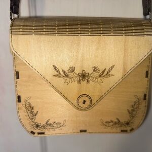 Floral Engraved Tan Crossbody wood purse.